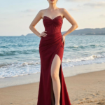 Elegant Burgundy Strapless Corset Evening Gown with High Slit